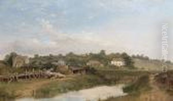 A River Landscape Oil Painting by Frederick Richard Lee, R.A.