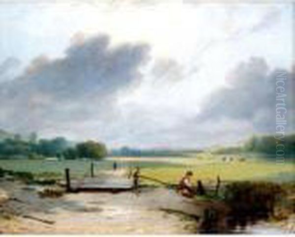 Angling In A Pond Oil Painting by Frederick Richard Lee, R.A.
