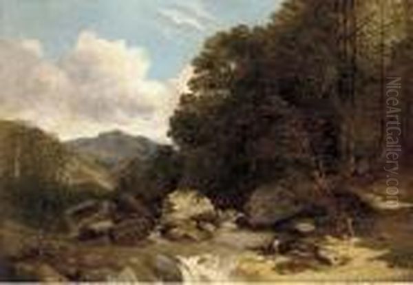 Loggers In A River Landscape Oil Painting by Frederick Richard Lee, R.A.