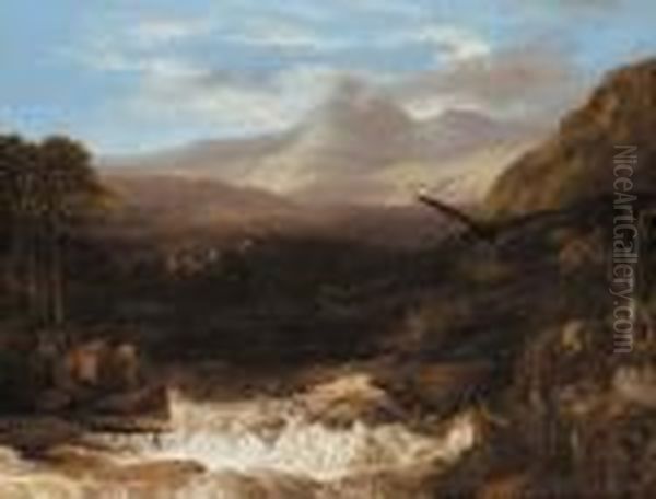 A Highland Landscape With A Golden Eagle In The Foreground And Aruined Castle Beyond Oil Painting by Frederick Richard Lee, R.A.