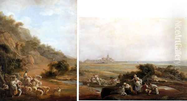 Village Scene and View of Fuenterrabia Oil Painting by Luis Paret Y Alczar