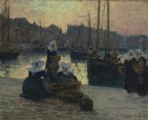 Femmes En Costumes Traditionnels
 Bretons Au Retour De La Peche Dans Le Port De Concarneau, Bretagne Oil Painting by Fernand Marie Eugene Legout-Gerard
