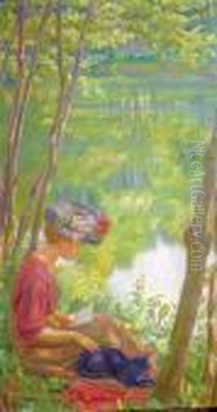 Lecture Au Bord De L'eau Oil Painting by Raphael-Leon Leguilloux