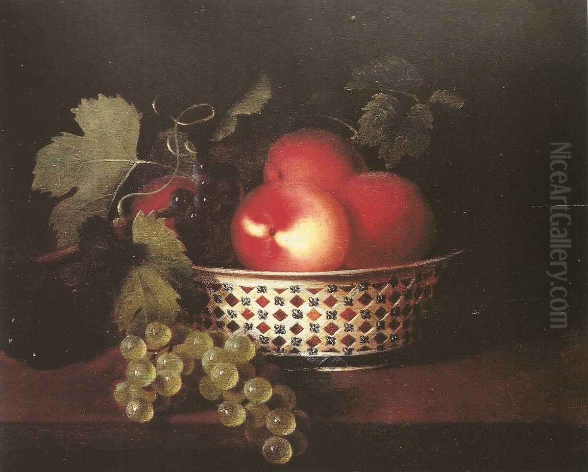 Peaches and Grapes in a Porcelain Bowl Oil Painting by Sarah Miriam Peale