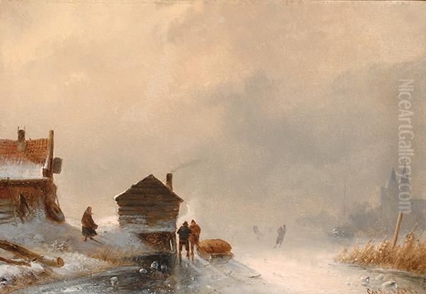 A Cold Winter's Day On The Ice Oil Painting by Charles Henri Leickert