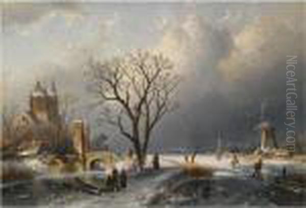 A Winter Landscape With Figures Near A Castle Oil Painting by Charles Henri Leickert