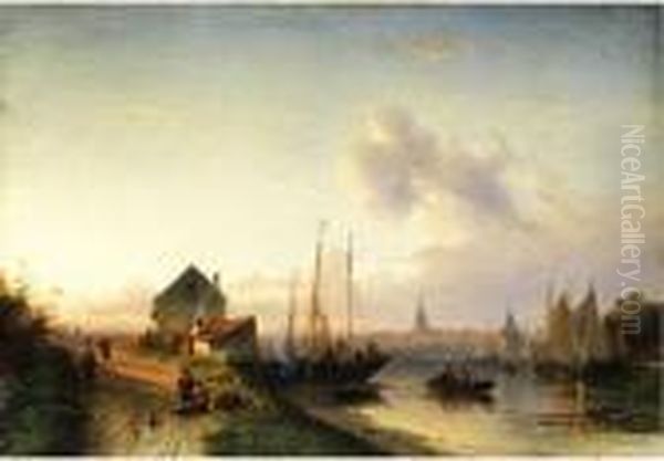 Hollandische Stadtlandschaft Mit
 Blick Auf Einen Fluss Mit Segelschiffen Und Kahnen Sowie Hutten Am Ufer Oil Painting by Charles Henri Leickert
