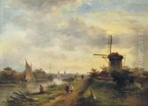Strolling Through A Dutch River Landscape Oil Painting by Charles Henri Leickert