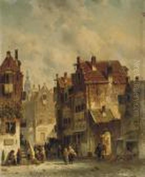 A Busy Day In Town Oil Painting by Charles Henri Leickert