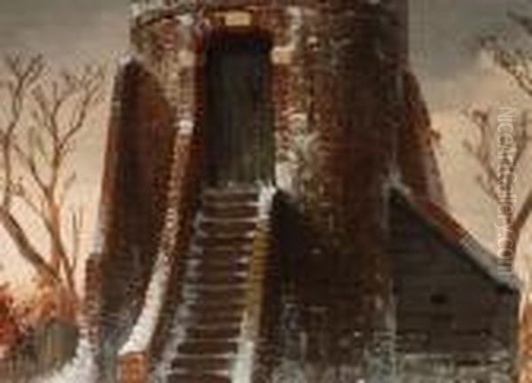 Eisvergnugen Auf Zugefrorenem Fluss Mit Altem Rundturm Oil Painting by Charles Henri Leickert