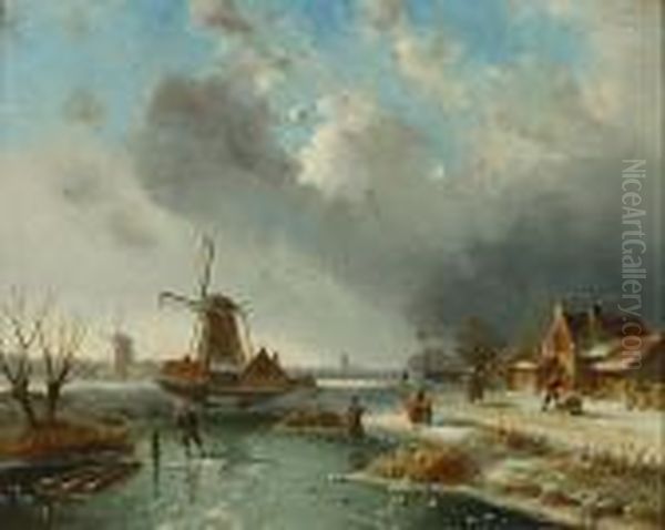 Schaatsers In Een Sneeuwlandschap. Oil Painting by Charles Henri Leickert