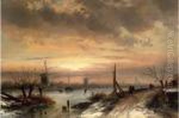 Figures At A Frozen Dutch Waterway, Dusk Oil Painting by Charles Henri Leickert