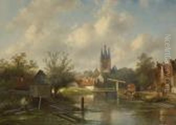 Hollandisches Stadtchen Am
 Fluss Oil Painting by Charles Henri Leickert