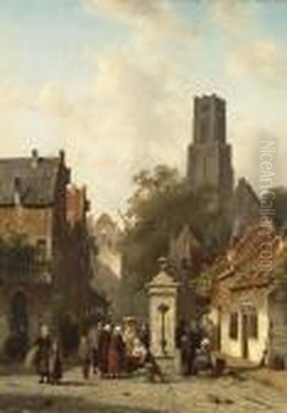 Vegetable Sellers At A Town Well
 In A Sunlit Dutch Town; A Market Scene In A 
Wintry Dutch Town Oil Painting by Charles Henri Leickert