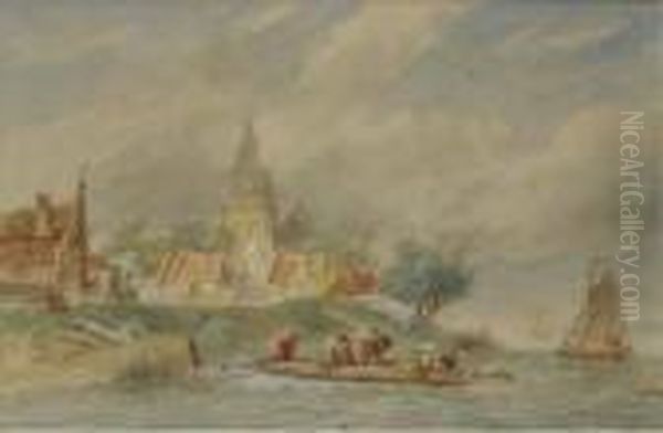 A Ferry Crossing A River Oil Painting by Charles Henri Leickert