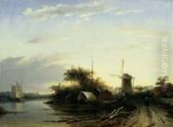 Abendstimmung Am Wasser. 
Signiert Unten Links: Ch. Leickert F. Ol Auf Holz. H 37; B 49,5 Cm. Oil Painting by Charles Henri Leickert