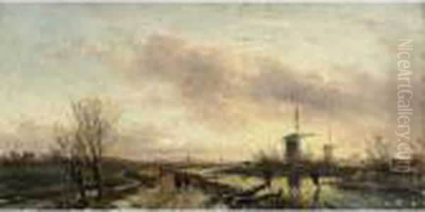 Skaters In A Winter Landscape At Dusk Oil Painting by Charles Henri Leickert