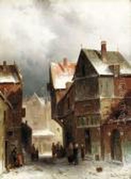 Townsfolk On A Snowy Street
Oil On Panel Oil Painting by Charles Henri Leickert