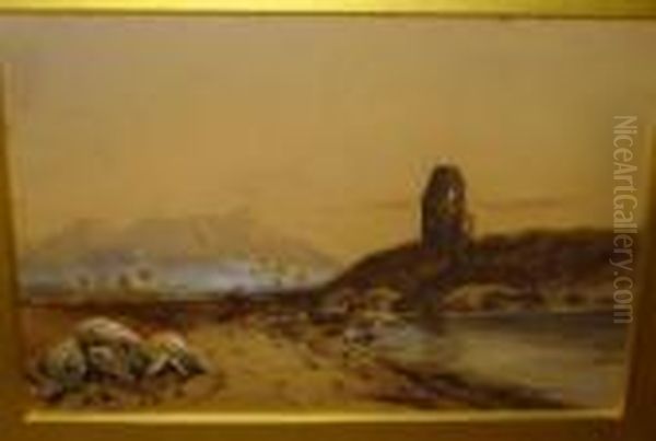 Lakescene With Horse And Rider By A Ruin Oil Painting by William Leighton Leitch