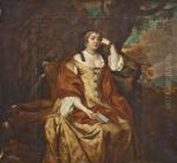 Portrait Of Anne Hyde, Duchess 
Of York (1638-1671), Full-length, In An Ochre Dress And Rust Wrap, 
Holding A Book, Seated In A Landscape, Beside A Waterfall Oil Painting by Sir Peter Lely