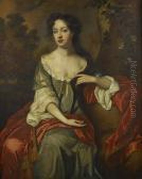 Portrait Of Miss Jane Dering, 
Three-quarter-length, In A Blue Dress And A Red Shawl, Seated Before An 
Open Landscape Oil Painting by Sir Peter Lely