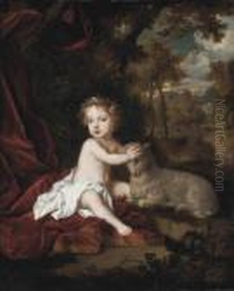 Portrait Of A Girl, Possibly 
Princess Isabella Stuart, Daughter Ofking James Ii, Full-length, With A 
Garland Of Flowers In Her Hair,seated On A Draped Red Velvet Curtain, 
With A Lamb, In A Woodedlandscape Oil Painting by Sir Peter Lely