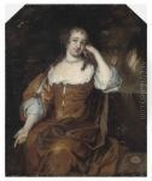 Portrait Of A Lady, 
Three-quater-length, Seated In Rust Coloureddress, Beside A Waterfall, 
In A Landscape Oil Painting by Sir Peter Lely
