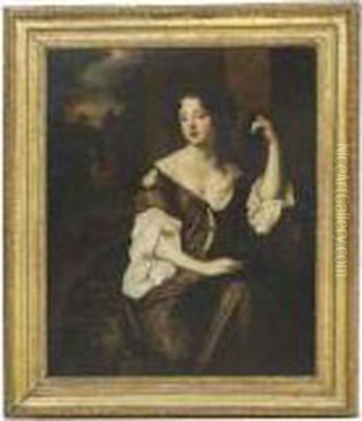 Portrait Of Louise De 
Kerouaille, Duchess Of Portsmouth, Seatedthree-quarter-length, In A 
Brown Silk Dress With White Chemise, Ina Landscape Oil Painting by Sir Peter Lely