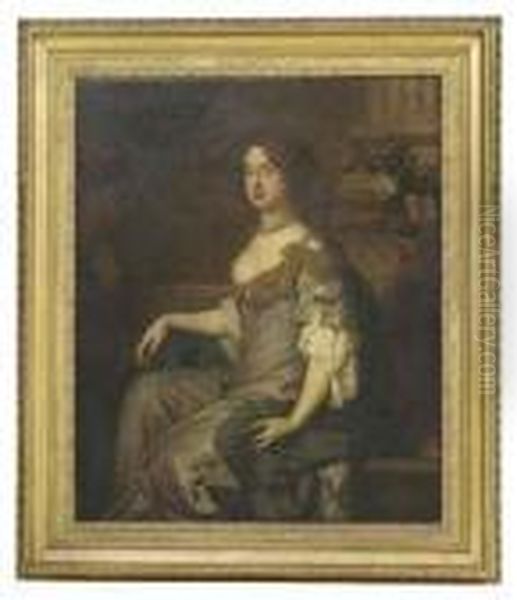 Portrait Of Queen Mary Ii As 
Princess Of Orange, Seatedthree-quarter-length, In A Blue Silk Dress, A 
Vase Of Flowersbehind Oil Painting by Sir Peter Lely