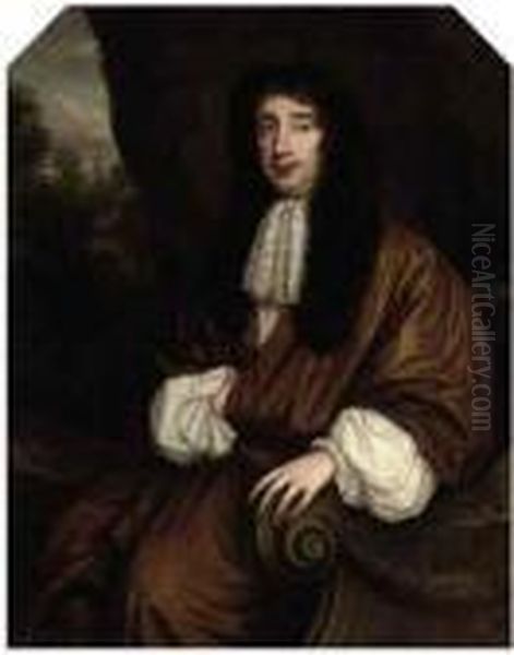Portrait Of A Gentleman, 
Three-quarter-length, Seated In A Brown Coat And Lace Cravat, A 
Landscape Beyond Oil Painting by Sir Peter Lely