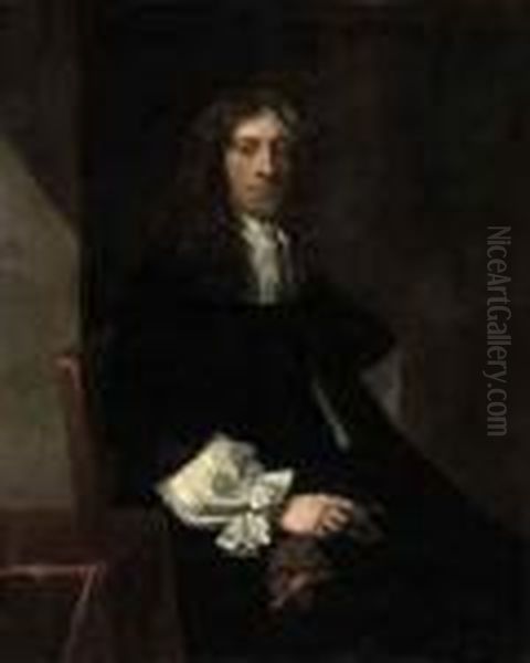 Portrait Of A Gentleman, 
Three-quarter-length, Seated, In A Black Robe And White Collar, Holding A
 Glove Oil Painting by Sir Peter Lely