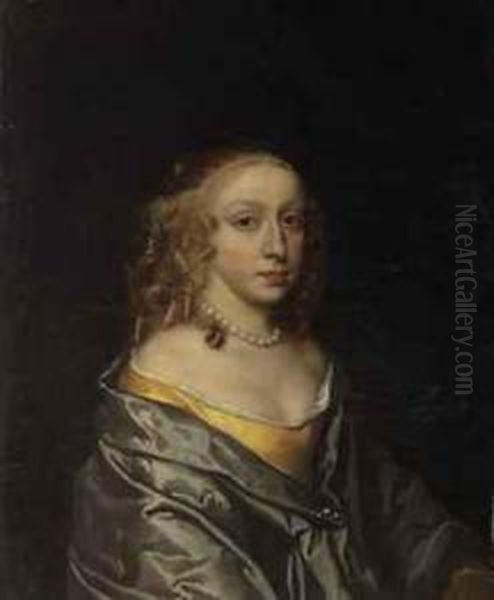 Portrait Of Mary Lee, Wife Of 
Sir John Morley, Half-length, In Ayellow Dress And Blue Mantle, With A 
Pearl Necklace Oil Painting by Sir Peter Lely