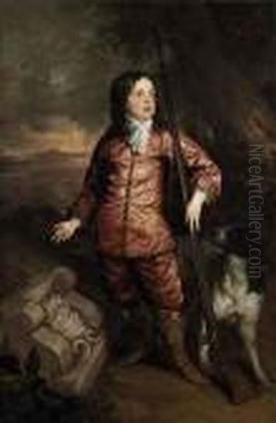 Portrait Of Richard Gibson 
(1605/1615?-1690), Full-length, In Afur-trimmed Silk Doublet And 
Pantaloons, White Stock And Boots,holding A Flint-lock Musket, With A 
Hound, In A Wooded Landscapewith Classical Ruins Oil Painting by Sir Peter Lely