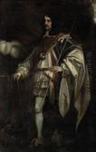 Portrait Of Thomas Wriothesley, 
4th Earl Of Southampton(1607-1667), Full-length, In Garter Robes, A 
Baton In His Lefthand, A Landscape Beyond Oil Painting by Sir Peter Lely