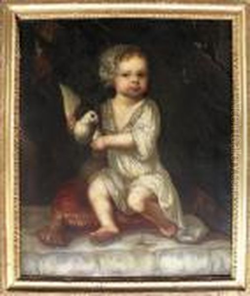 Portrait Of A Young Boy Holding A
 Dove Seated On A Cushion And Another Of A Young Boy Feeding A Parrot Oil Painting by Sir Peter Lely