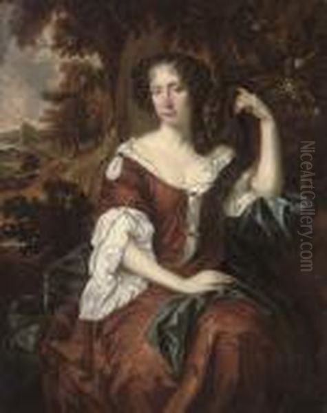 Portrait Of A Lady, 
Three-quarter-length, In A Brown Dress With A Blue Wrap, Seated In An 
Extensive Wooded Landscape Oil Painting by Sir Peter Lely