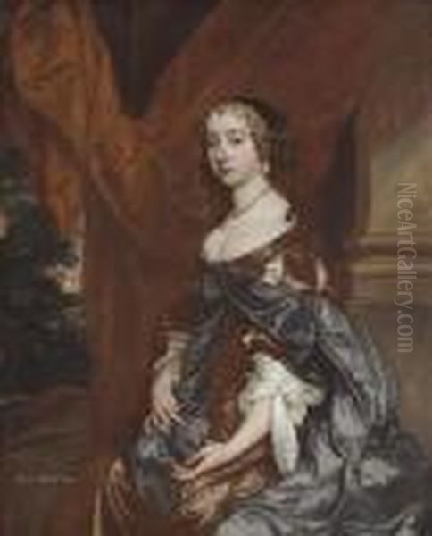 Portrait Of Lady Mary Fane, 
Seated Three-quarter-length, In A Browndress And Blue Robe, A Red 
Curtain Behind Her, A Landscapebeyond Oil Painting by Sir Peter Lely