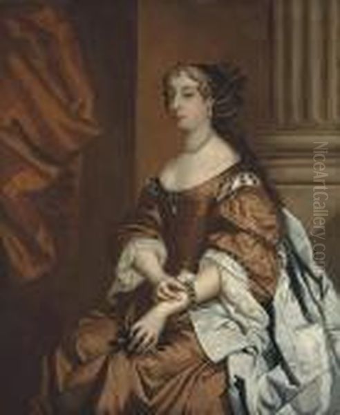 Portrait Of Lady Mordaunt, 
Three-quarter-length, Seated, In A Browndress And Oyster Satin Wrap, By A
 Column Oil Painting by Sir Peter Lely