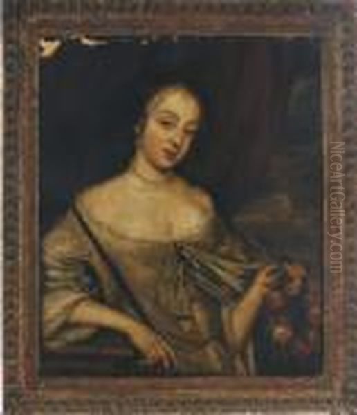 Portrait Of A Lady, Half-length,
 In A White Dress And Blue Shawl,with A Garland Of Roses, A Seascape 
Beyond Oil Painting by Sir Peter Lely