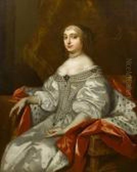 Portrait Of Anne Hyde, Duchess 
Of York, Threequarter Length, Wearing A White Dress And Ermine-lined 
Cape, Seatedbeside A Curtain Oil Painting by Sir Peter Lely