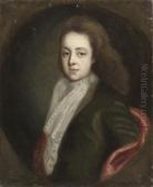 Portrait Of A Boy, Half-length, 
In A Green Coat And Lace Cravat,with A Red Wrap, In A Feigned Oval Oil Painting by Sir Peter Lely