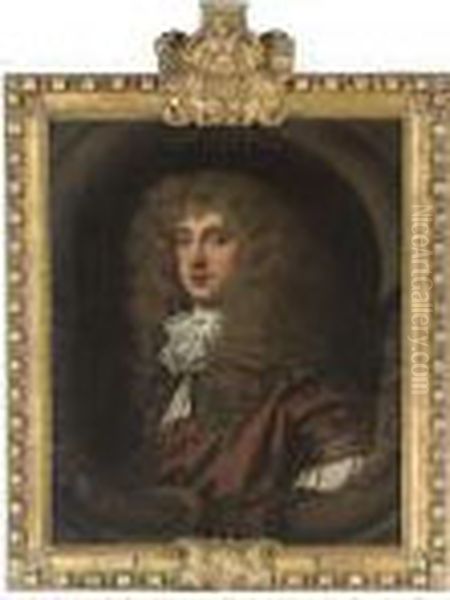 Portrait Of A Gentleman, 
Traditionally Identified As Christophermonck, 2nd Duke Of Albemarle 
(1652-1688), Bust-length, In A Brownrobe And Lace Cravat, In A Sculpted 
Cartouche Oil Painting by Sir Peter Lely