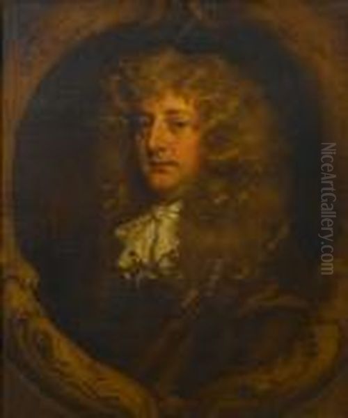Portrait Of A Gentleman, 
Bust-length, In Arusset Coat With A White Jabot, Within A Stone 
Cartouche Oil Painting by Sir Peter Lely