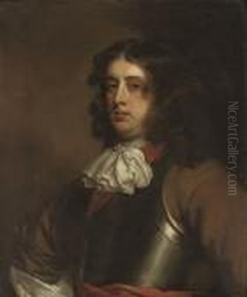 Portrait Of Sir Francis Popham 
Of Littlecote, Half-length, In A Buff Coat And Armoured Breastplate With
 Red Sash Oil Painting by Sir Peter Lely
