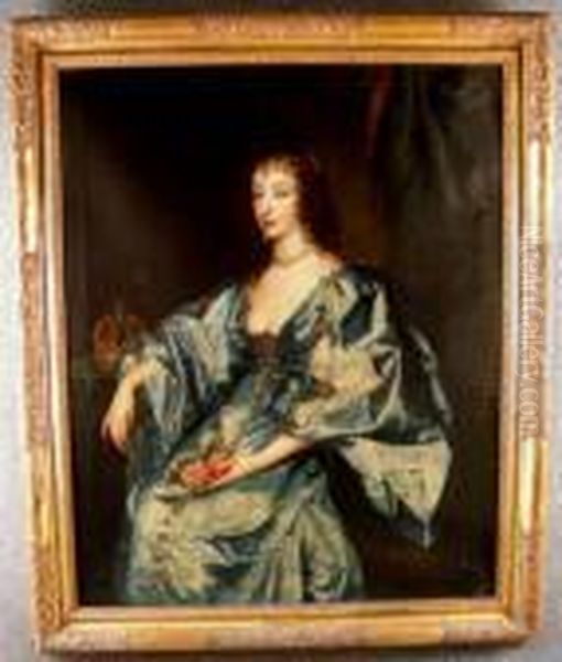 ''ritrattodella Regina Henrietta
 Maria, Seduta, Vista Da Tre Quarti, In Vestedi Velluto Blu Rifinito Con
 Importanti Gioielli, A Fianco Unacorona E In Mano Bouquet Di Fiori'' Oil Painting by Sir Peter Lely