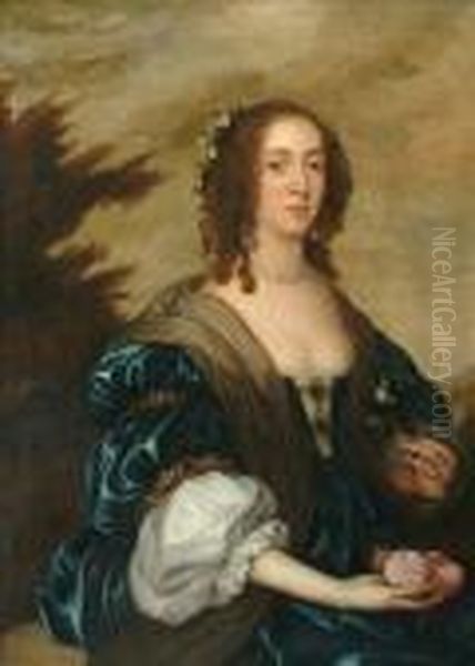 Portrait Of Maryvilliers, 
Duchess Of Lennox & Richmond Half Length, Wearing Ablue Gown, A 
Landscape Beyond Oil Painting by Sir Peter Lely