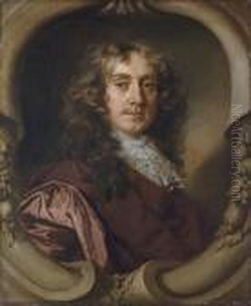 Portrait Of A Gentleman, 
Half-length, In A Brown Coat And Mechlin Lace Cravat, In A Sculpted 
Cartouche Oil Painting by Sir Peter Lely