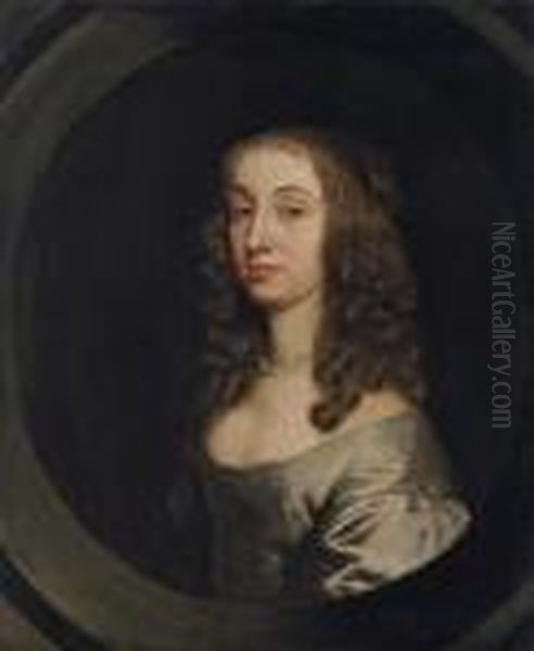 Portrait Of Lady, Traditionally 
Identified As Jane, Wife Of Sir Nicholas Pelham, Bust-length, In A Grey 
Dress And Pearls, In A Sculpted Cartouche Oil Painting by Sir Peter Lely