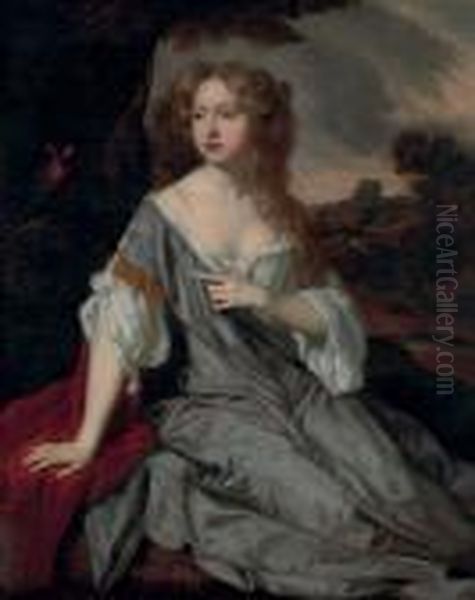 Portrait Of A Lady, Identified 
As Mrs. Lucy Loftus, Three-quarter-length, In A Blue Silk Dress, A 
Landscape Beyond Oil Painting by Sir Peter Lely