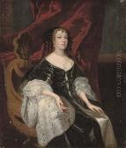 Portrait Of A Lady, 
Three-quarter-length, Seated In A Black Dress And Ermine Cloak, A Red 
Curtain Beyond Oil Painting by Sir Peter Lely